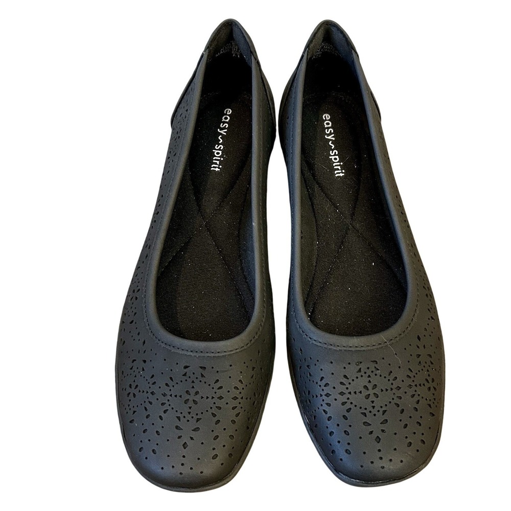 Easy Spirit Women Black Laser Cut Floral Ballet Flats Comfort Slip On Shoes‎ 6M